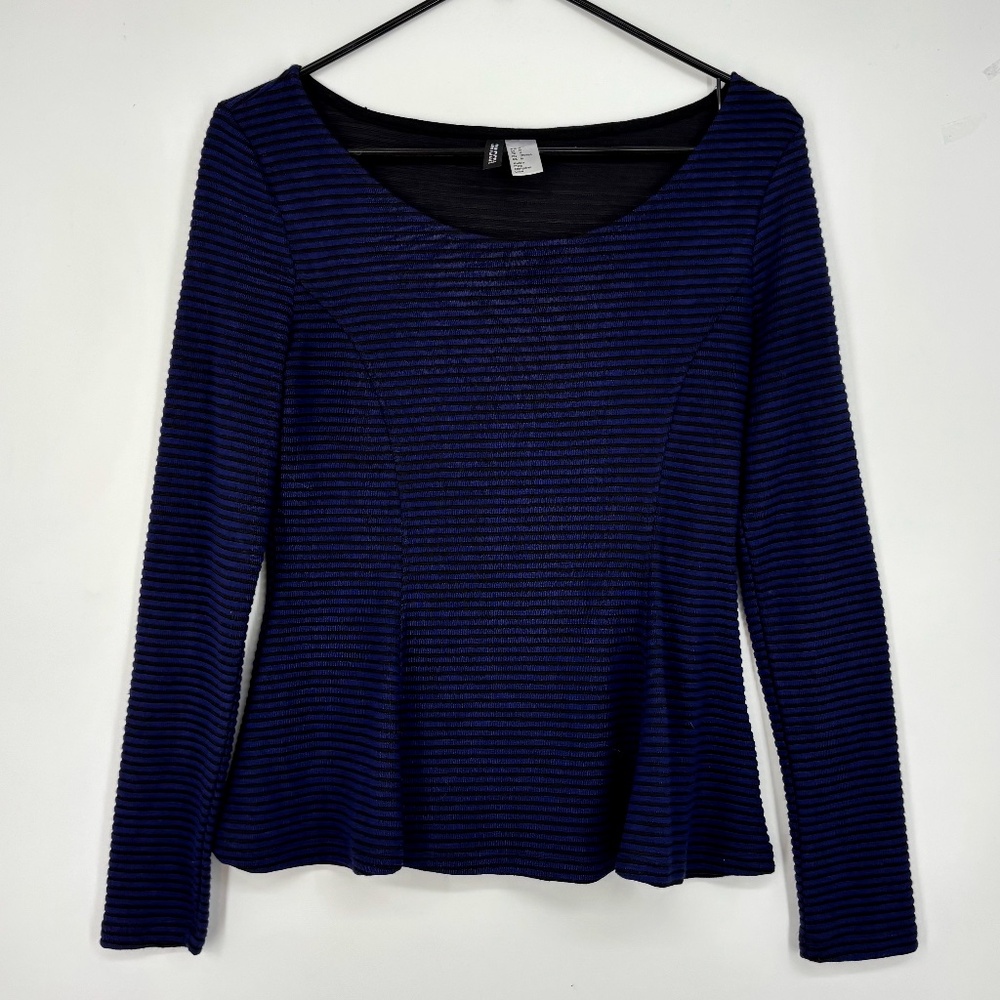 Divided H&M Juniors Medium Pullover Knit Top Navy Blue Peplum Hem Sheer Stripes